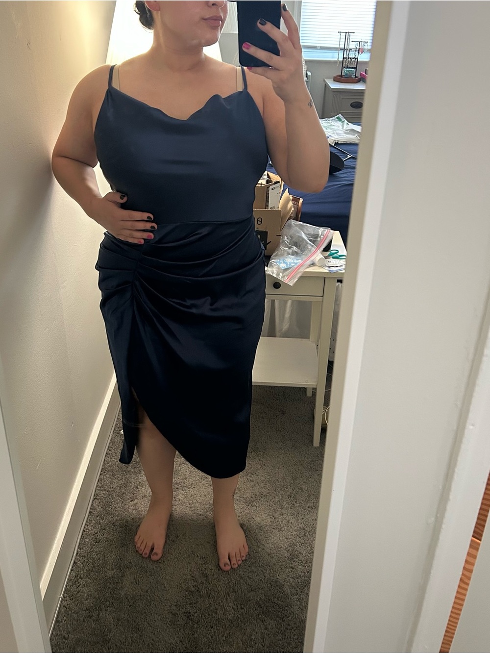 Satin Cowl Neck Slip Dress in Navy